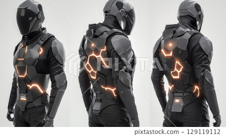 Futuristic armored suit design with illuminated elements and sleek aesthetic Futuristic armored suit design with illuminated elements and sleek aesthetic 129119112