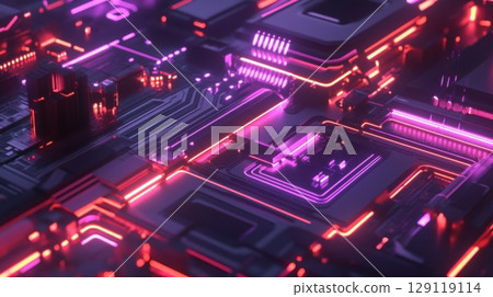 Abstract 3D Rendering of Circuit Board with Neon Lights in Red and Purple 129119114