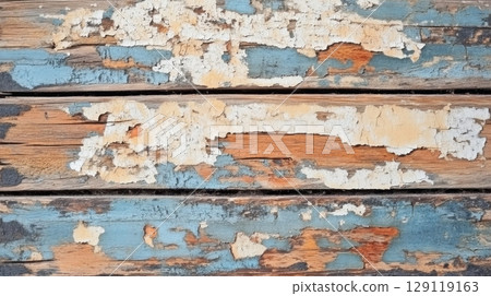 Close up of peeling paint on weathered wood surface 129119163