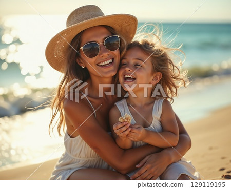 beautiful mom and toddler girl enjoying summer day on beach 129119195