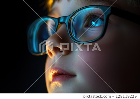 closeup cropped portrait of child wearing glasses on black background closeup cropped portrait of child wearing glasses on black background 129119229