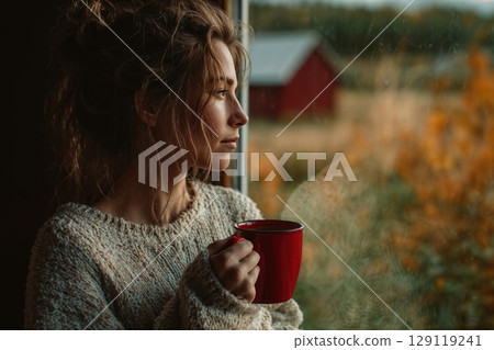 woman wearing knit cozy sweater standing by the window with coffee mug. Autumn rural landscape outside 129119241