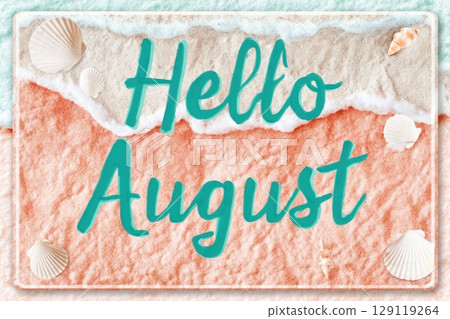 pastel pink and blue colour Hello August watercolour banner 129119264
