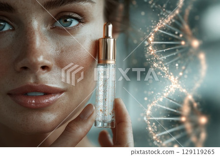 cropped portrait of a beautiful woman with glowing hydrated skin spreading a peptide-infused cream on her cheek with her fingertips. 129119265