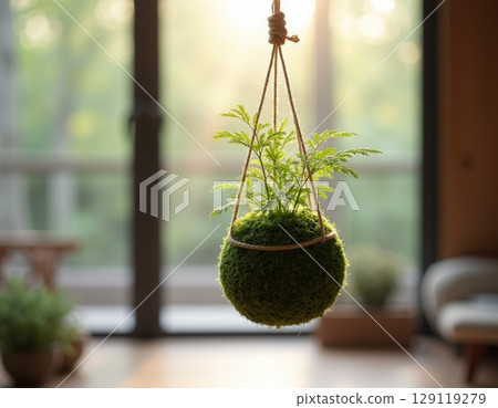 A single Kokedama,hanging in front of a large window, illuminated by soft morning sunlight. A single Kokedama,hanging in front of a large window, illuminated by soft morning sunlight. 129119279