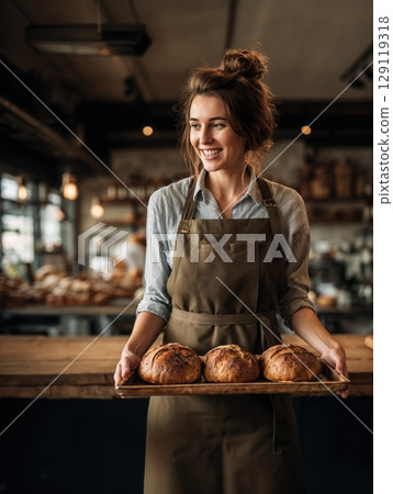 woman wearing grey apron in rusctic bakery with a tray of freshly baked sourdough bread 129119318