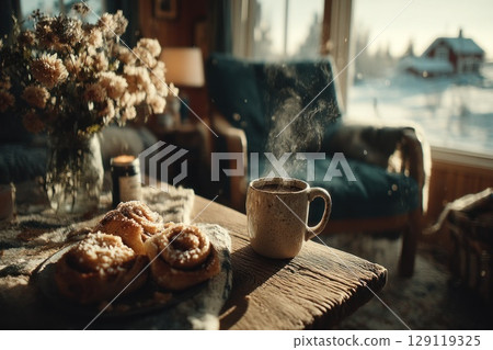 plates of cinnamon buns, tea setting on wooden rustic table. Fika concept 129119325