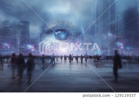 people silhouettes, overlayed withglowing human iris 129119337
