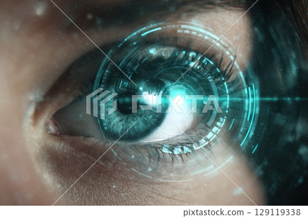 Worldcoin project, biometric iris scanner projecting holographic interface, scanning a glowing human eye 129119338