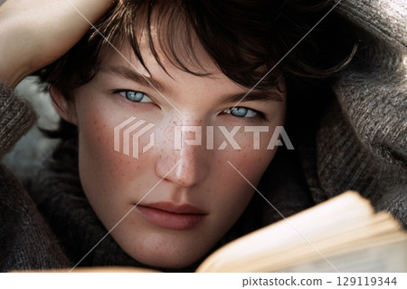 A close-up portrait of a teenager girl with freckles reading a book at home A close-up portrait of a teenager girl with freckles reading a book at home 129119344