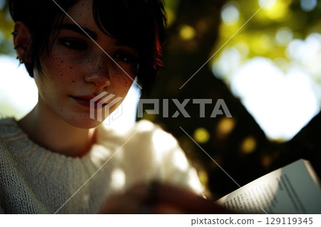 A close-up portrait of a teenager deeply immersed in reading a book under a large oak tree, away from urban noise A close-up portrait of a teenager deeply immersed in reading a book under a large oak tree, away from urban noise 129119345