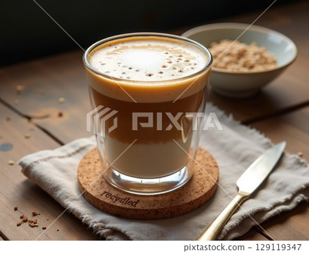A creamy tahini latte in a glass with a foam top dusted with cinnamon. 129119347