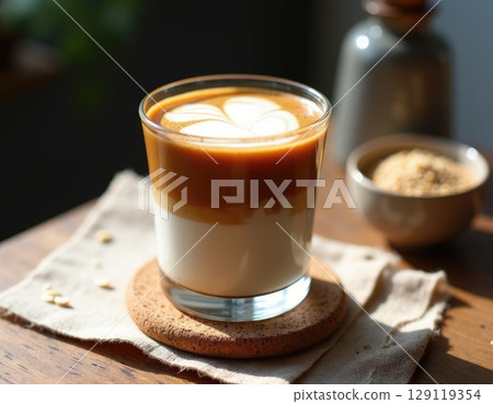A creamy tahini latte served in a glass with a foam top dusted with cinnamon. 129119354