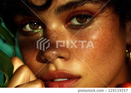 A fresh-faced tan skinned model with perfected no-makeup makeup in natural daylight 129119357