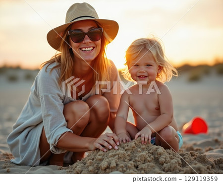 beautiful smiling woman wearing straw hat with little child making a sand castle on sunset beach 129119359