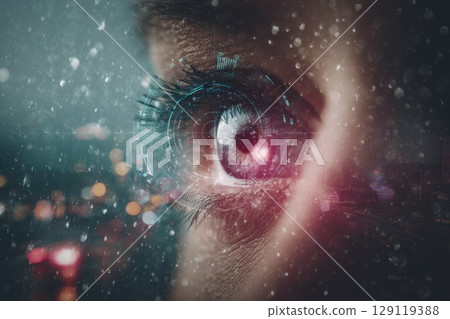 biometric iris scanner projecting holographic interface, scanning a glowing green eye. Worldcoin project 129119388