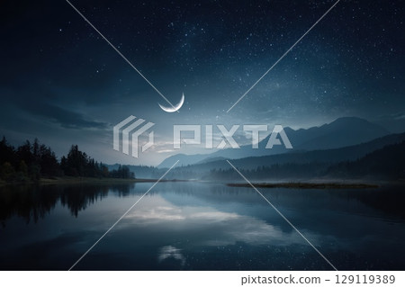 Night sky with stars and a crescent moon, reflected in a still lake, mountains in background 129119389