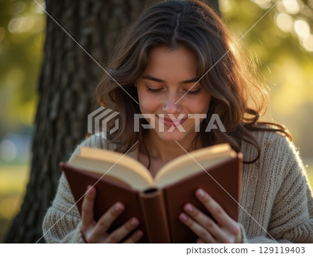 A close-up portrait of a teenager girl reading a book under a large oak tree, away from urban noise A close-up portrait of a teenager girl reading a book under a large oak tree, away from urban noise 129119403