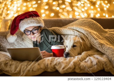 young woman wearing oversized red Santa hat laying on couch with laptop. Golden retriever sleeps beside her. Warm bokeh lights. christmas online shopping young woman wearing oversized red Santa hat laying on couch with laptop. Golden retriever sleeps beside her. Warm bokeh lights. christmas online shopping 129119404