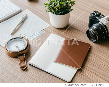 Flat lay passport and accessories like maps, compass, and tickets with vintage camera. AI Generated. Flat lay passport and accessories like maps, compass, and tickets with vintage camera. AI Generated. 129119410