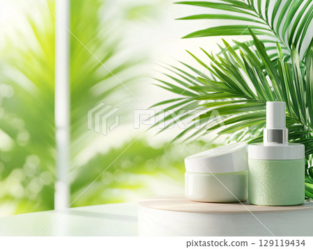 Product for skin care. Set Different of cosmetic bottles of cream or lotion on green background. AI Generated. 129119434
