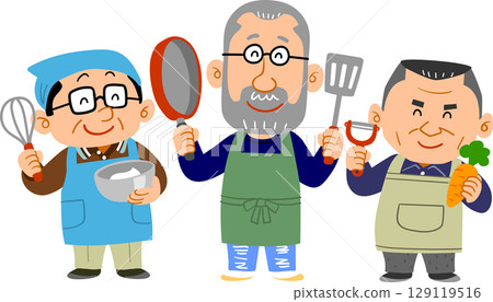 三位老人家高興地拿著炊具 129119516