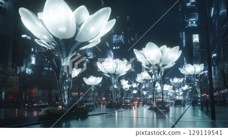 Futuristic cityscape with glowing flower sculptures at night Futuristic cityscape with glowing flower sculptures at night 129119541