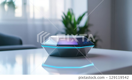 Modern smart speaker device with colorful light on a table 129119542