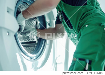 A professional technician performs the repair or maintenance of washing machines. The concept of advertising home appliance repair services and service centers. A place for your text. The banner 129119608