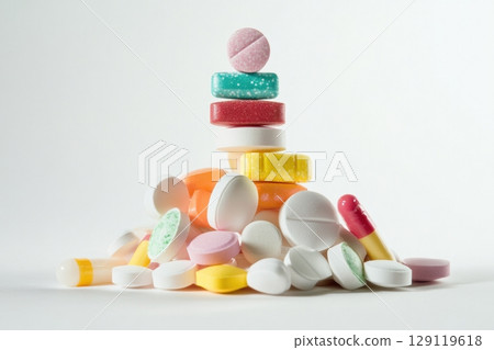 Various colorful pills and capsules stacked in pyramid shape on white background, concept of pharmaceutical balance, medication choice, healthcare complexity, vitamin supplements or drug's. Banner 129119618