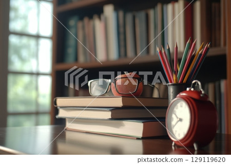 Old alarm clock, glasses, colored pencils and books on wooden table. Blurred background with bookshelves. Concept of advertising materials, education, reading, learning, time management. Copy space 129119620