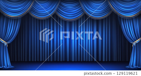 Closed blue curtain, stage with spotlight before show. Art performance background. Velvet navy blue curtain with arch entrance. Theatre. Nightclub cabaret show. Presentation of classic luxurious work 129119621