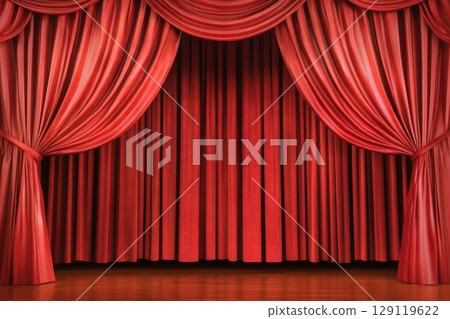 Closed maroon red curtain of stage with spotlight before show. Art performance background. Velvet curtain with arch entrance. Theatre. Nightclub cabaret show. Presentation of classic luxurious work 129119622
