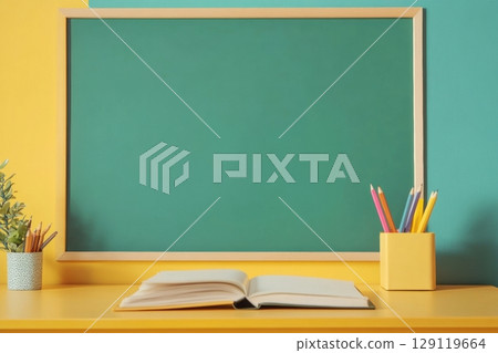 Back to school green chalkboard background with stationery, kids supplies, green apple on table. Colorful paper, color pencils, stack of books. Copy space for text. Front view. Young student desk 129119664