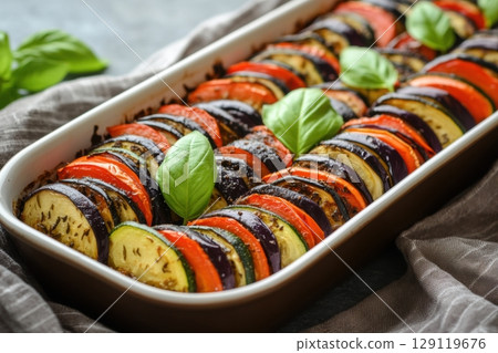 Baked ratatouille in a ceramic dish with vibrant slices of zucchini, eggplant, tomato, and bell pepper, seasoned with herbs and garnished with fresh basil. Healthy vegetarian dish, close-up view 129119676