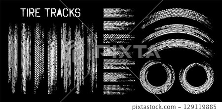 Grunge tire tracks, wheel braking marks. Truck, car or motorcycle tread pattern silhouettes. Auto race, motorsport, speed racing design element. Vector illustration 129119885