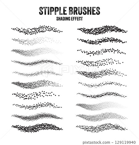 Ink scatter brush, stipple drawing and texturing. Fading gradient. Stippling, dotwork drawing, shading using dots. Halftone disintegration effect. White noise grainy texture. Vector illustration 129119940