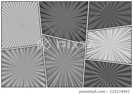 Comic book black and white radial lines collection. Cartoon comics background with motion, speed lines. Retro Pop Art style. Vector illustration 129119941