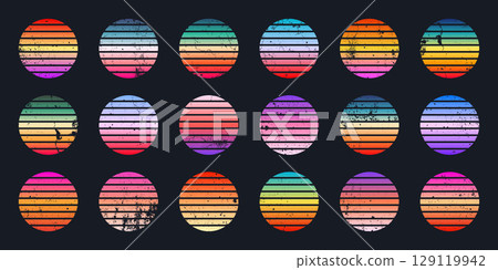 Grunge vintage colorful sunset. Striped gradient sunrise badges in 80s and 90s style. Sun and ocean view, summer vibes, surfing. Design element for print, logo or t-shirt. Vector illustration 129119942