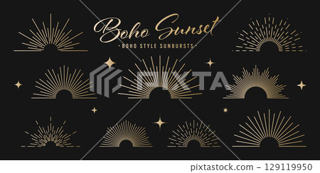 Vintage golden sunburst, sunset beams collection. Boho style, modern minimalist bohemian design. Hand drawn bursting sun, light rays. Logotype or lettering retro design element. Vector illustration Vintage golden sunburst, sunset beams collection. Boho style, modern minimalist bohemian design. Hand drawn bursting sun, light rays. Logotype or lettering retro design element. Vector illustration 129119950