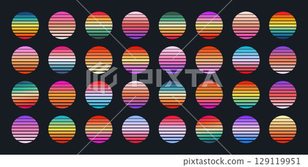 Vintage colorful sunset. Striped gradient sunrise badges in 80s and 90s style. Sun and ocean view, summer vibes, surfing. Design element for print, logo or t-shirt. Vector illustration Vintage colorful sunset. Striped gradient sunrise badges in 80s and 90s style. Sun and ocean view, summer vibes, surfing. Design element for print, logo or t-shirt. Vector illustration 129119951