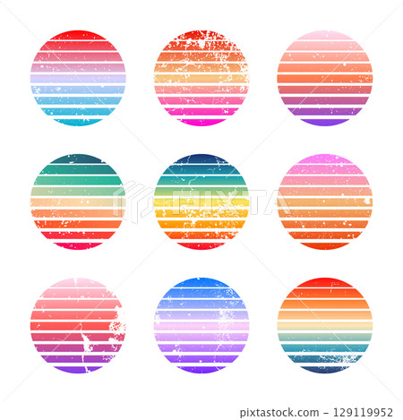 Grunge vintage colorful sunset. Striped gradient sunrise badges in 80s and 90s style. Sun and ocean view, summer vibes, surfing. Design element for print, logo or t-shirt. Vector illustration Grunge vintage colorful sunset. Striped gradient sunrise badges in 80s and 90s style. Sun and ocean view, summer vibes, surfing. Design element for print, logo or t-shirt. Vector illustration 129119952
