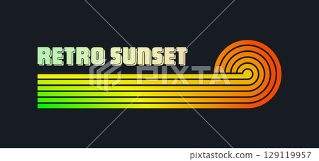 Vintage colorful sunset. Various gradient striped sunrise badges in 80s and 90s style. Sun and ocean view, summer vibes, surfing. Design element for print, logo or t-shirt. Vector illustration 129119957