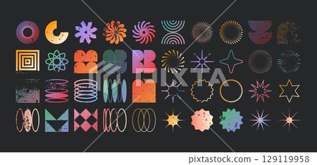 Brutalist geometric shapes, modern grunge symbols. Simple primitive elements and forms, distressed details. Retro design, aged, vintage, trendy contemporary minimalist style, y2k. Vector illustration 129119958