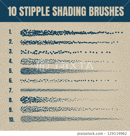 Ink scatter brush, stipple drawing and texturing. Fading gradient. Stippling, dotwork drawing, shading using dots. Halftone disintegration effect. White noise grainy texture. Vector illustration 129119962