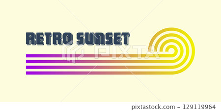 Vintage colorful sunset. Various gradient striped sunrise badges in 80s and 90s style. Sun and ocean view, summer vibes, surfing. Design element for print, logo or t-shirt. Vector illustration Vintage colorful sunset. Various gradient striped sunrise badges in 80s and 90s style. Sun and ocean view, summer vibes, surfing. Design element for print, logo or t-shirt. Vector illustration 129119964