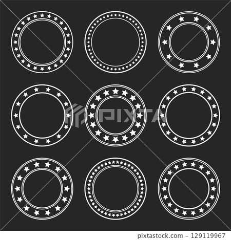 Stars of various sizes arranged in a circle. Round frame, border. Black star shape, simple symbol. Vintage logo, logotype design element, ornament. Vector illustration Stars of various sizes arranged in a circle. Round frame, border. Black star shape, simple symbol. Vintage logo, logotype design element, ornament. Vector illustration 129119967