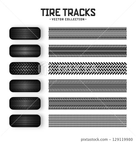 Tire tracks, rubber wheels, and braking marks. Truck, car, or motorcycle tread pattern silhouettes. Perfect for auto racing, motorsport, and speed-related designs. Vector illustration 129119980