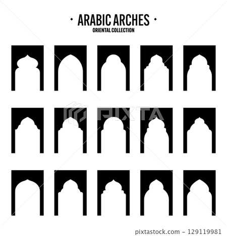 Islamic frames, oriental style objects. Arabic shapes, windows and arches. Traditional ornamental banner, frame. Muslim holidays, Ramadan Kareem. Modern eastern architecture. Vector illustration Islamic frames, oriental style objects. Arabic shapes, windows and arches. Traditional ornamental banner, frame. Muslim holidays, Ramadan Kareem. Modern eastern architecture. Vector illustration 129119981