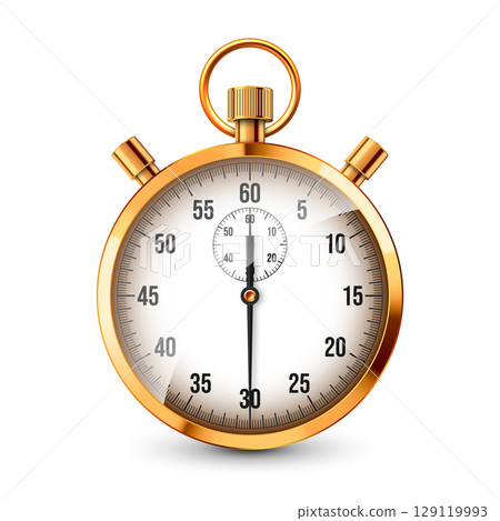 Realistic classic stopwatch. Shiny golden metal chronometer, time counter with dial. Countdown timer showing minutes and seconds. Time measurement for sport, start, finish. Vector illustration 129119993